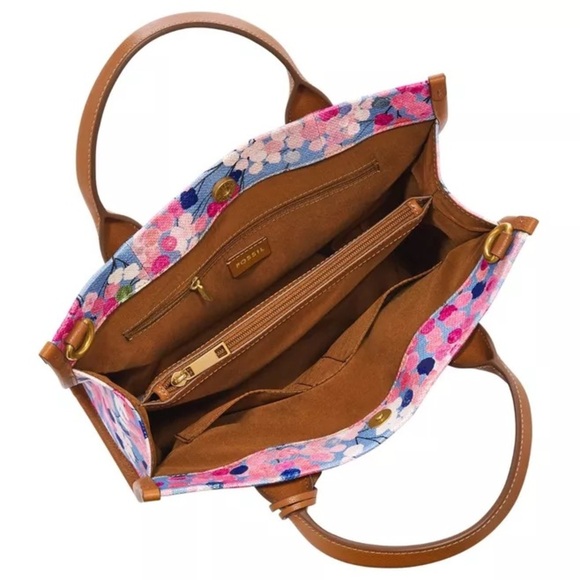 NWT FOSSIL Kyler Leather Canvas Large Tote Pink Blue Floral - Picture 3 of 6